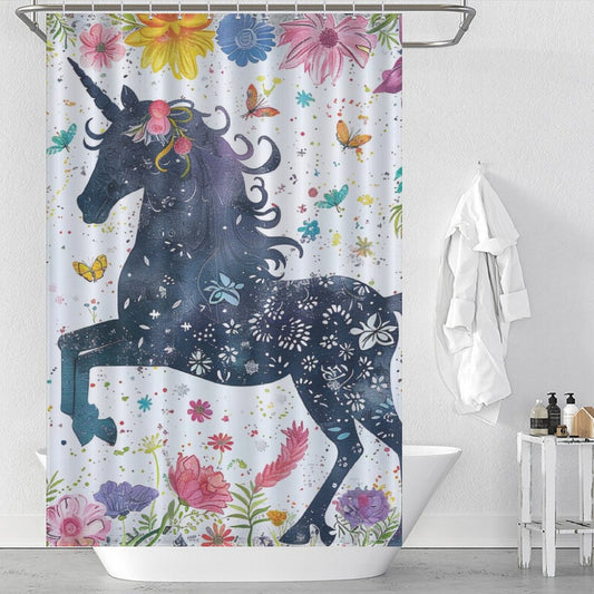 Rideau de douche Boho à motif floral et licorne fantaisiste - Cottoncat