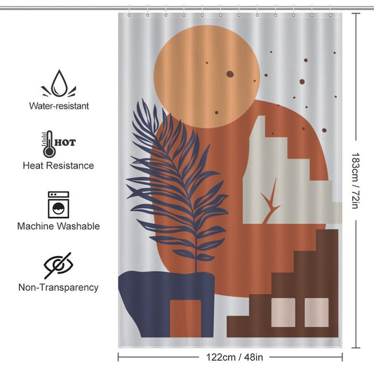 Shower curtain with an abstract design featuring Boho Abstract Geometric shapes and a plant silhouette, along with text indicating it is water-resistant, heat-resistant, machine washable, and non-transparent. This artistic bathroom decor piece adds a stylish touch to any space. 
Boho Abstract Geometric Modern Art Leaves Sun Arch Minimalist Simple Mid Century Shower Curtain-Cottoncat by Cotton Cat
