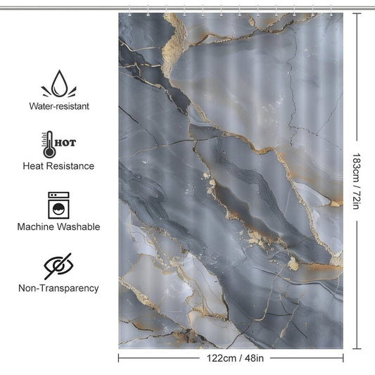 Shower curtain displaying a luxurious gray marbled design with gold streaks. Labeled features include water-resistance, heat resistance, machine washable, and non-transparency. Size: 183 cm x 122 cm. Product Name: Gray Gold Stripe Abstract Marble Texture Art Shower Curtain-Cottoncat. Brand Name: Cotton Cat