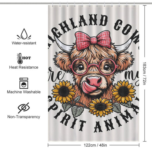 This image shows a cute cartoon of a highland cow with glasses and a bow on the **Cute Sunflower Glasses Highland Cow Shower Curtain-Cottoncat** by **Cotton Cat**, surrounded by sunflowers. Text around the cow reads "Highland cow is my spirit animal". Perfect for whimsical bathroom decor, dimensions, and features are listed.