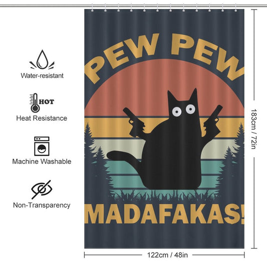 A humorous bathroom decor piece, the Funny Black Crazy Cat with Gun Shower Curtain-Cottoncat by Cotton Cat features a funny black crazy cat holding two guns with the text "PEW PEW MADAFKAS!" amidst a sunset and forest background. The curtain's dimensions and features are neatly listed on the sides.