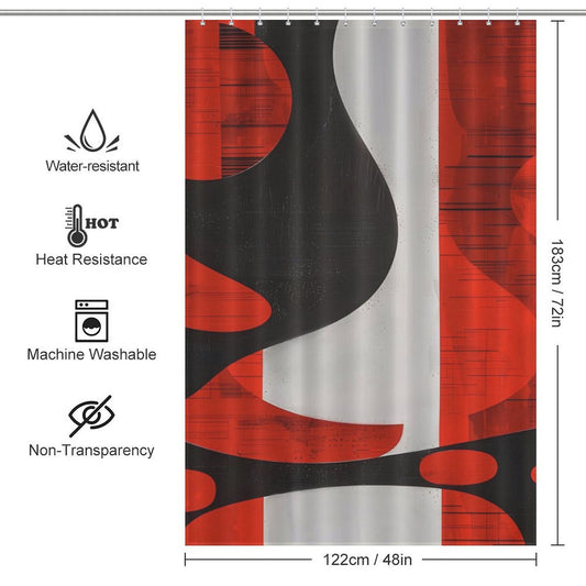 This is an image of the Mid Century Modern Geometric Art Minimalist Grey Red and Black Abstract Shower Curtain-Cottoncat by Cotton Cat featuring geometric art. With features like water resistance, heat resistance, machine washability, and non-transparency, this minimalist shower curtain measures 122cm by 183cm.