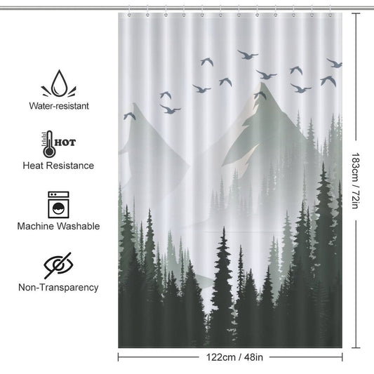 Introducing our Green Misty Forest Shower Curtain Ombre Sage Green White Nature Tree Mountain Woodland-Cottoncat by Cotton Cat, featuring water and heat resistance, easy machine washability, and non-transparency. This ombre sage green and white design curtain measures 183 cm by 122 cm—perfect for adding a serene touch to your bathroom.