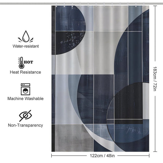 A Cotton Cat shower curtain with dark blue, grey, and white geometric patterns, reminiscent of mid-century modern style. The features listed are water-resistant, heat resistant, machine washable, non-transparent. Dimensions: 183cm x 122cm. Product Name: Geometric Deep Blue Abstract Art Mid-Century Modern Style Shower Curtain-Cottoncat.