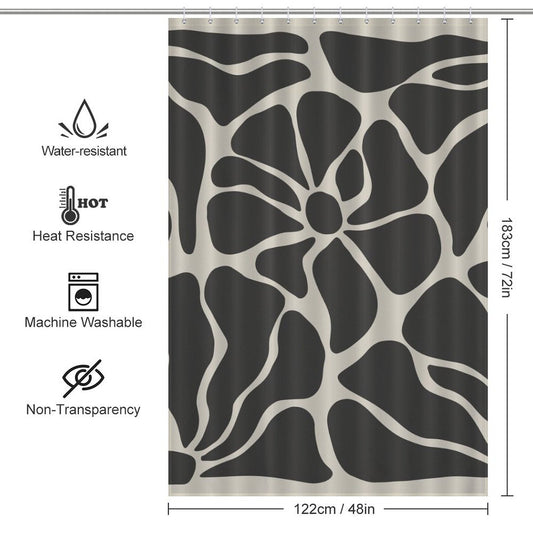 A black and white floral patterned shower curtain with dimensions 122 cm x 183 cm, featuring water resistance, heat resistance, machine washability, and non-transparency. This Vintage Boho Flower Black and Grey Art 70s Black Floral Mid Century Abstract Shower Curtain-Cottoncat adds a touch of retro flair to your bathroom decor.