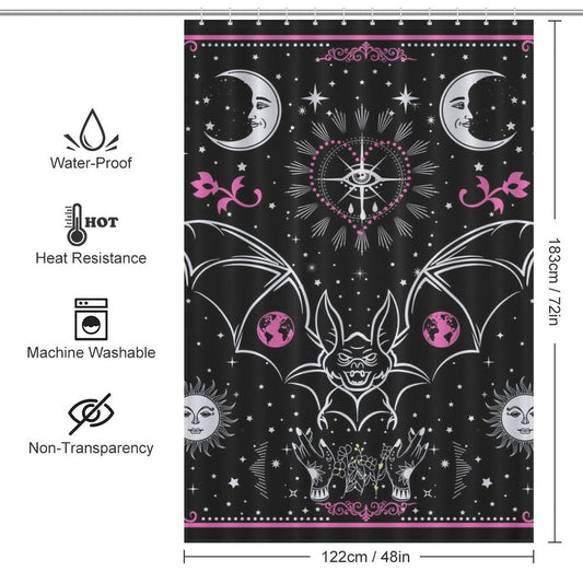 A waterproof Tarot Bat Shower Curtain-Cottoncat with a Cotton Cat design.