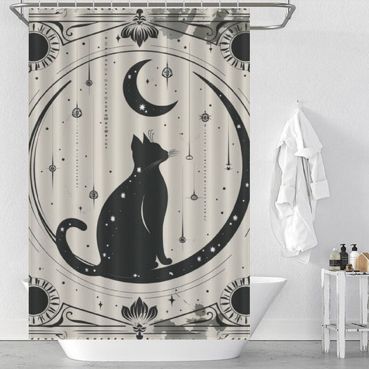 Black Cat and Moon Boho Shower Curtain