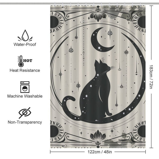 Black Cat and Moon Boho Shower Curtain