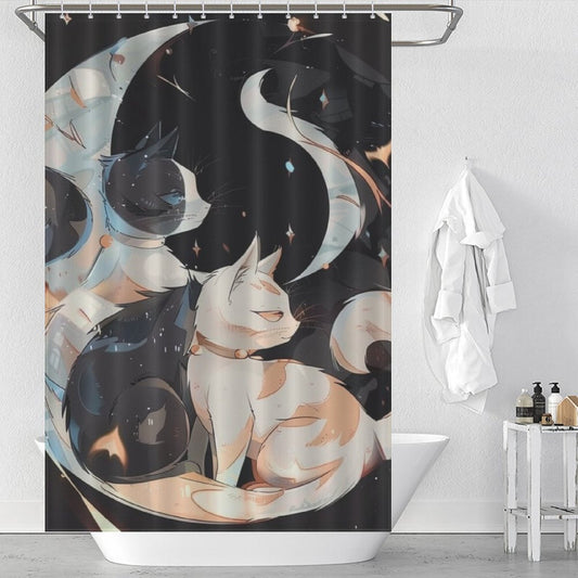 Black and White Lunar Cat Cute Shower Curtain