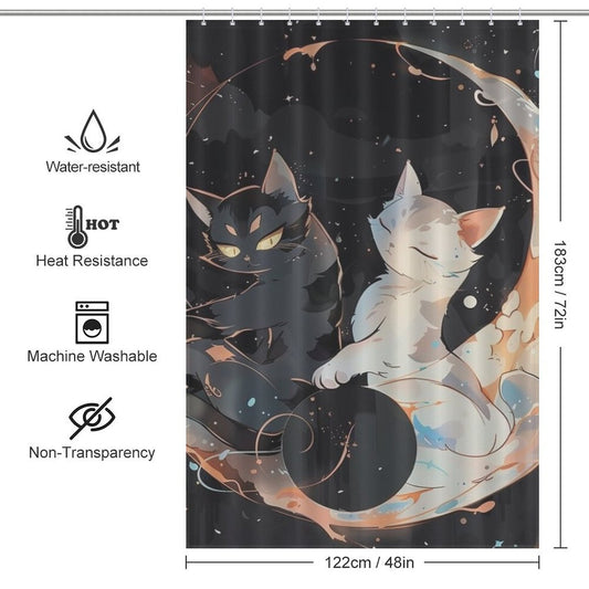 Black and White Moon Cat Cute Shower Curtain