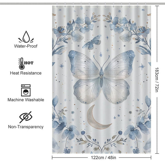 Blue Butterfly Moon Boho Shower Curtain