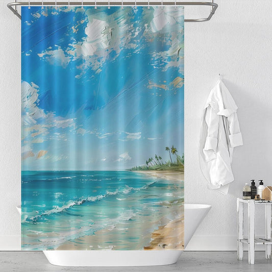 Blue Sky Palm Tree Beach Shower Curtain