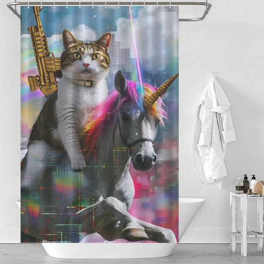 Cat Riding Unicorn with Golden Gun Shower Curtain