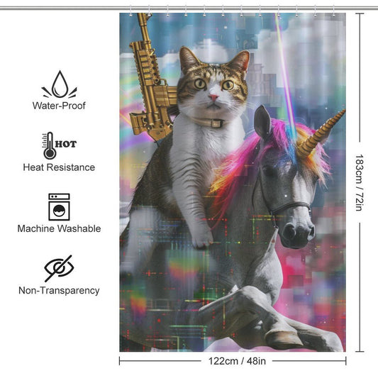 Cat Riding Unicorn with Golden Gun Shower Curtain