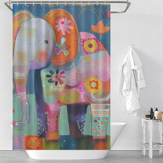A Cute Baby Cartoon Elephant Shower Curtain-Cottoncat by Cotton Cat hangs in a white bathroom with a white bathtub, white towels on a hook, and toiletry items near the tub.