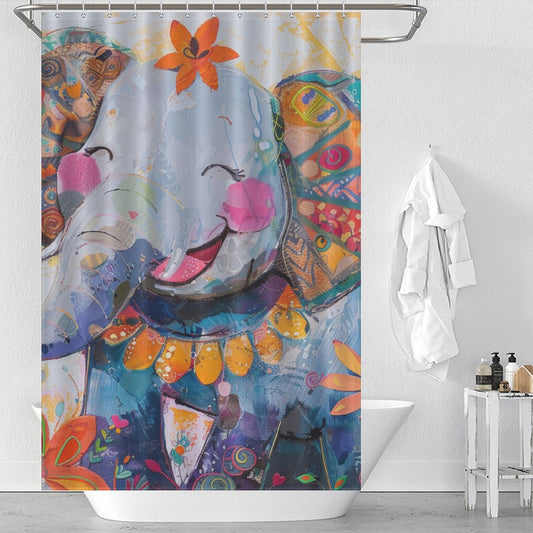 Cute Baby Happy Elephant and Flowers Shower Curtain