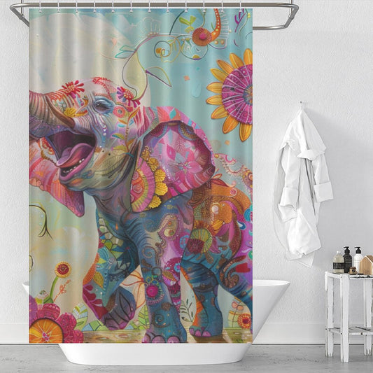 Cute Flowers and Happy Elephant Shower Curtain