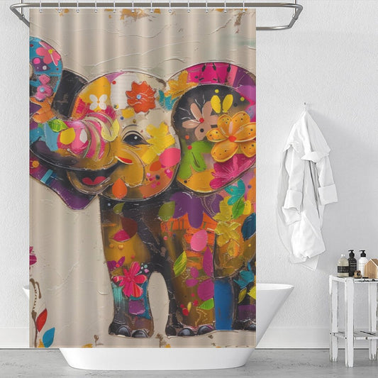 Cute Painting Flowers Happy Elephant Shower Curtain