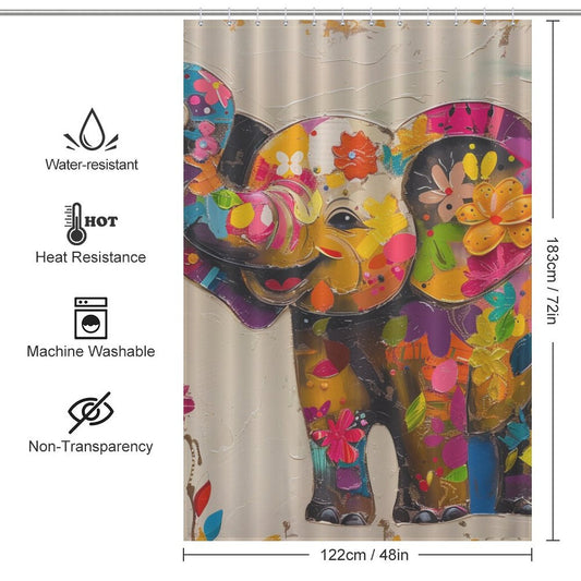 Cute Painting Flowers Happy Elephant Shower Curtain