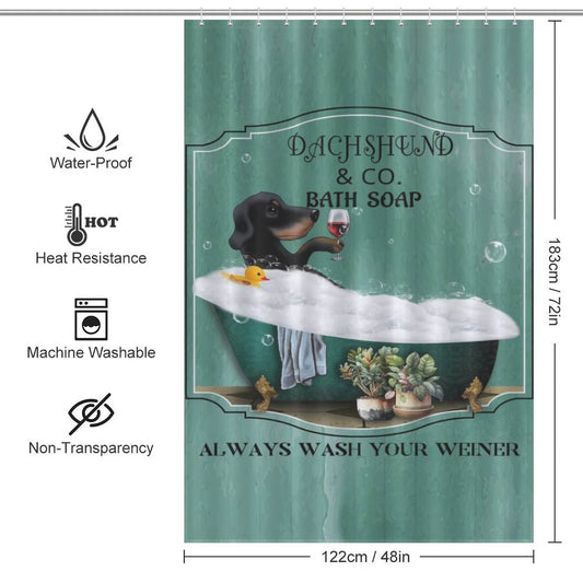 Funny Dachshund Shower Curtain-Cottoncat, perfect for bathroom decor.