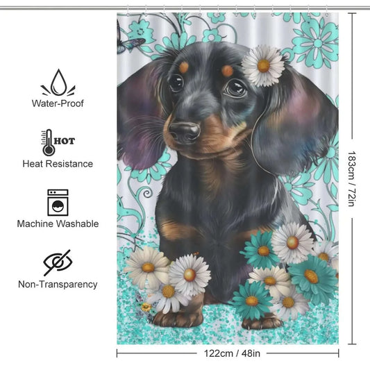 Cute Daschund Floral shower curtain with daisies for bathroom decor-Cotton Cat.