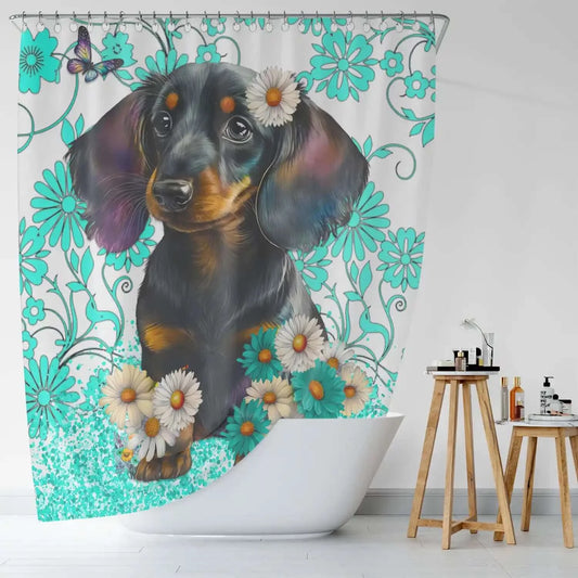 Cute Daschund Floral Shower Curtain-Cottoncat, perfect for bathroom decor.