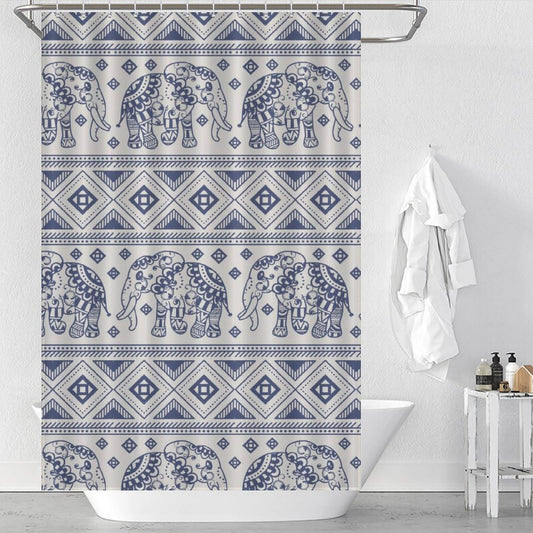 A blue and white waterproof Ethnic Elephant Shower Curtain-Cottoncat with an ethnic elephant pattern from the brand Cotton Cat.