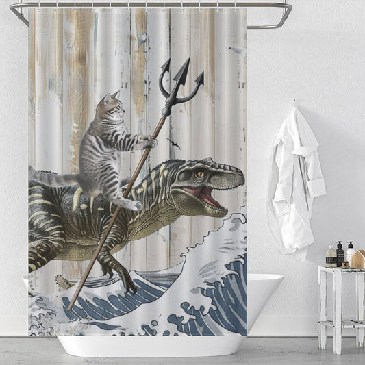 Funny Cat Dinosaur Ocean Wave Shower Curtain