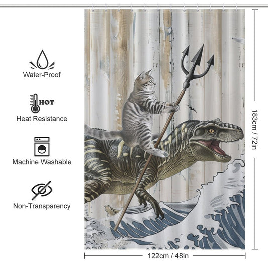 Funny Cat Dinosaur Ocean Wave Shower Curtain