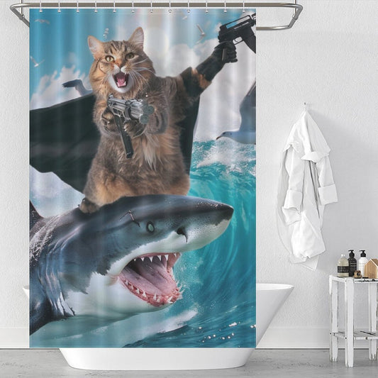 Funny Cat Riding Shark Ocean Shower Curtain