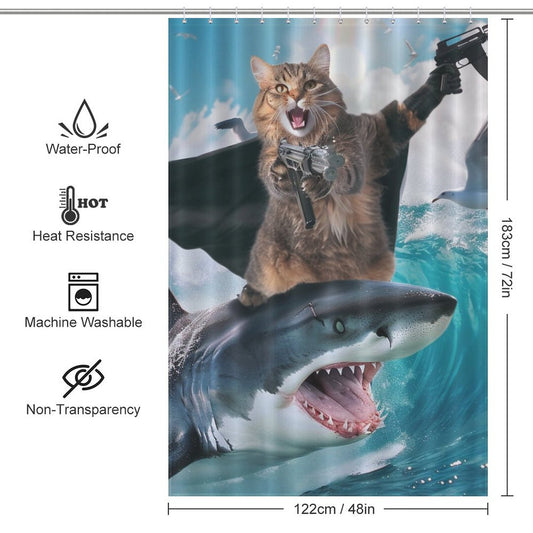 Funny Cat Riding Shark Ocean Shower Curtain