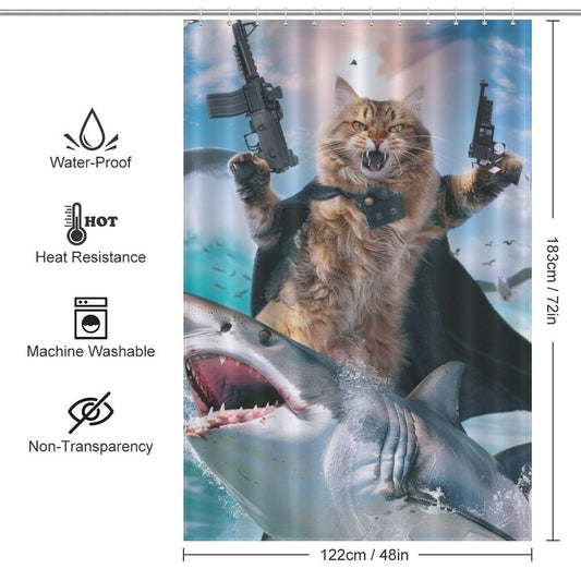 Funny Cat Riding Shark Shower Curtain