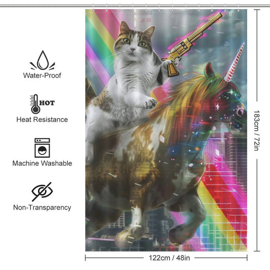 Funny Cat Riding Unicorn with Gun Shower Curtain