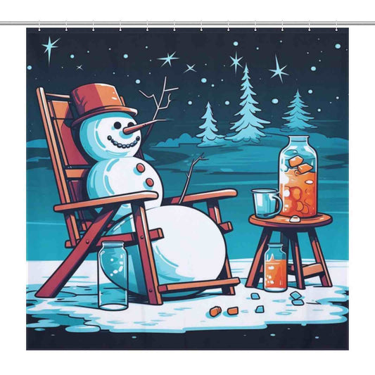 This Funny Snowman Juice-themed Cotton Cat shower curtain features a cute snowman sitting in a chair, perfect for adding a touch of whimsy to any bathroom.