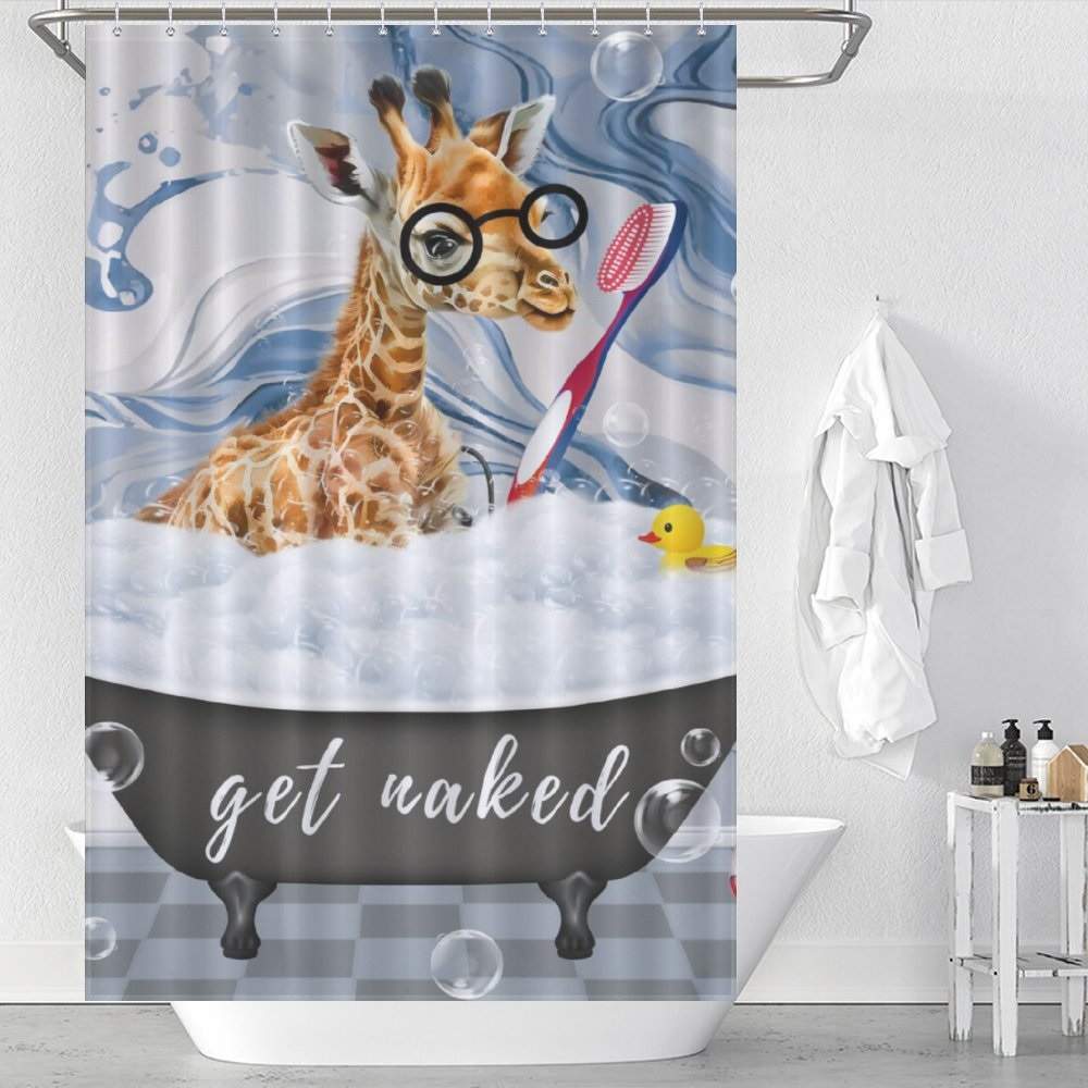 Funny Giraffe Shower Curtain by Cotton Cat for a bathroom.