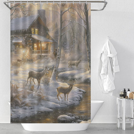 Glow Cabin Deer Winter Shower Curtain