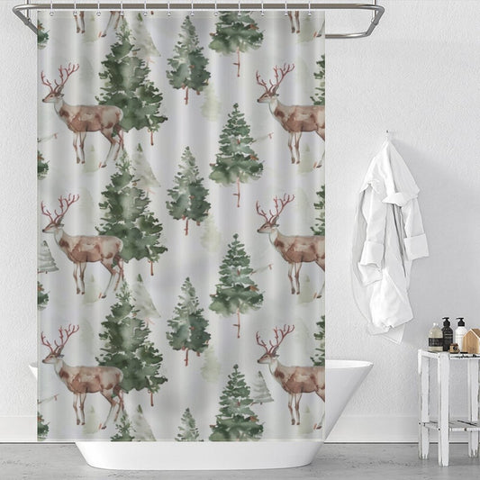 Green Forest Deer Winter Shower Curtain