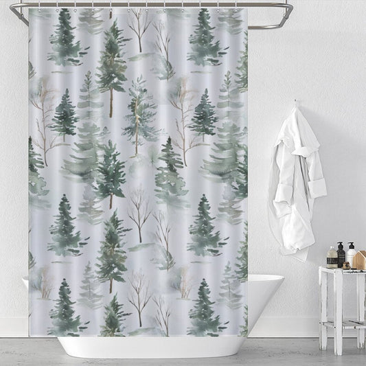 Mist Rustic PineTrees Winter Shower Curtain