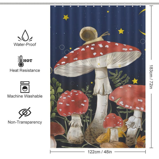 Transform your bathroom into an enchanted forest with our Botanical Mushroom Shower Curtain-Cotton Cat featuring stars.