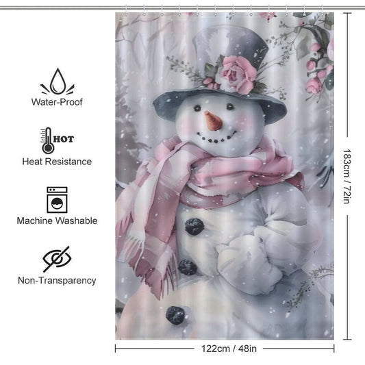 Pink Floral Cute Snowman Winter Shower Curtain