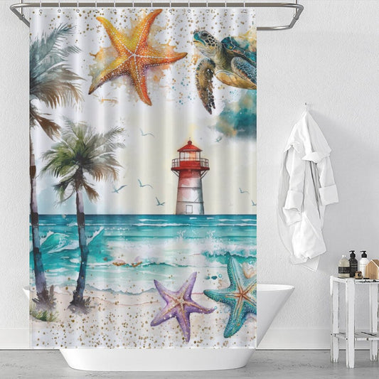 Red Lighthouse Scenery Beach Shower Curtain