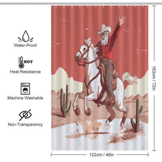 A Rustic Cowboy Santa Claus Shower Curtain by Cotton Cat with an image of a cowboy riding a horse.