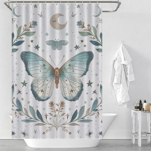 Teal Butterfly Moon Boho Shower Curtain