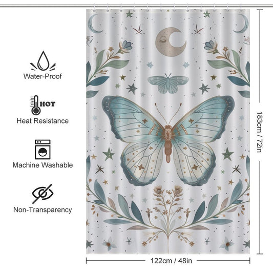 Teal Butterfly Moon Boho Shower Curtain
