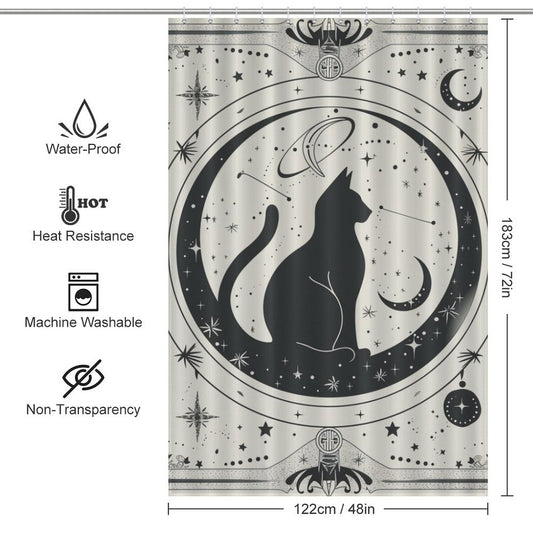Witchy Black Cat Boho Moon Shower Curtain