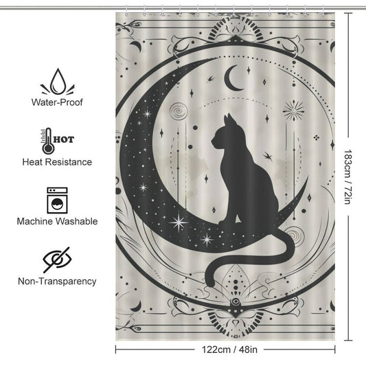 Witchy Boho Black Cat and Moon Shower Curtain