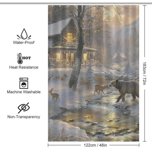 Wood Cabin Deer Forest Winter Shower Curtain