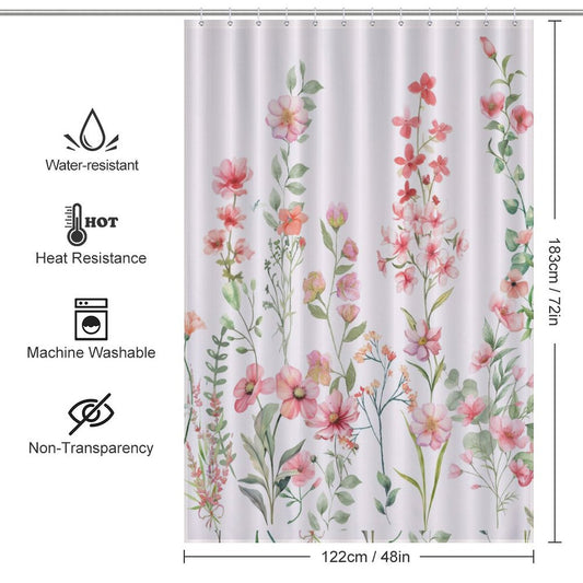 The Rustic Spring Blossom Pink Floral Shower Curtain-Cottoncat by Cotton Cat, measuring 122 cm by 183 cm, boasts a beautiful floral pattern. It is water-resistant, heat-resistant, machine washable, and non-transparent—ideal for adding a touch of elegance to your bathroom decor.