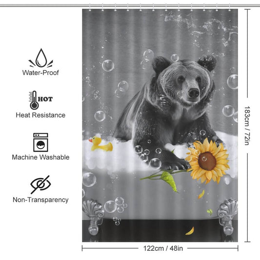 This Funny Sunflower Bear Shower Curtain by Cotton Cat makes for a perfect addition to your bathroom décor, featuring an adorable bear surrounded by sunflowers.