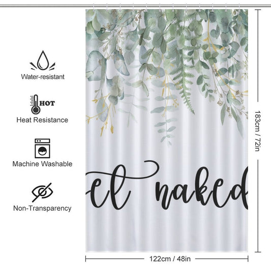 A "Get Naked Funny Letters Eucalyptus Leaves Print Shower Curtain-Cottoncat" adorned with a green eucalyptus leaves print at the top. This bathroom decor piece features water resistance, heat resistance, machine washability, and non-transparency.